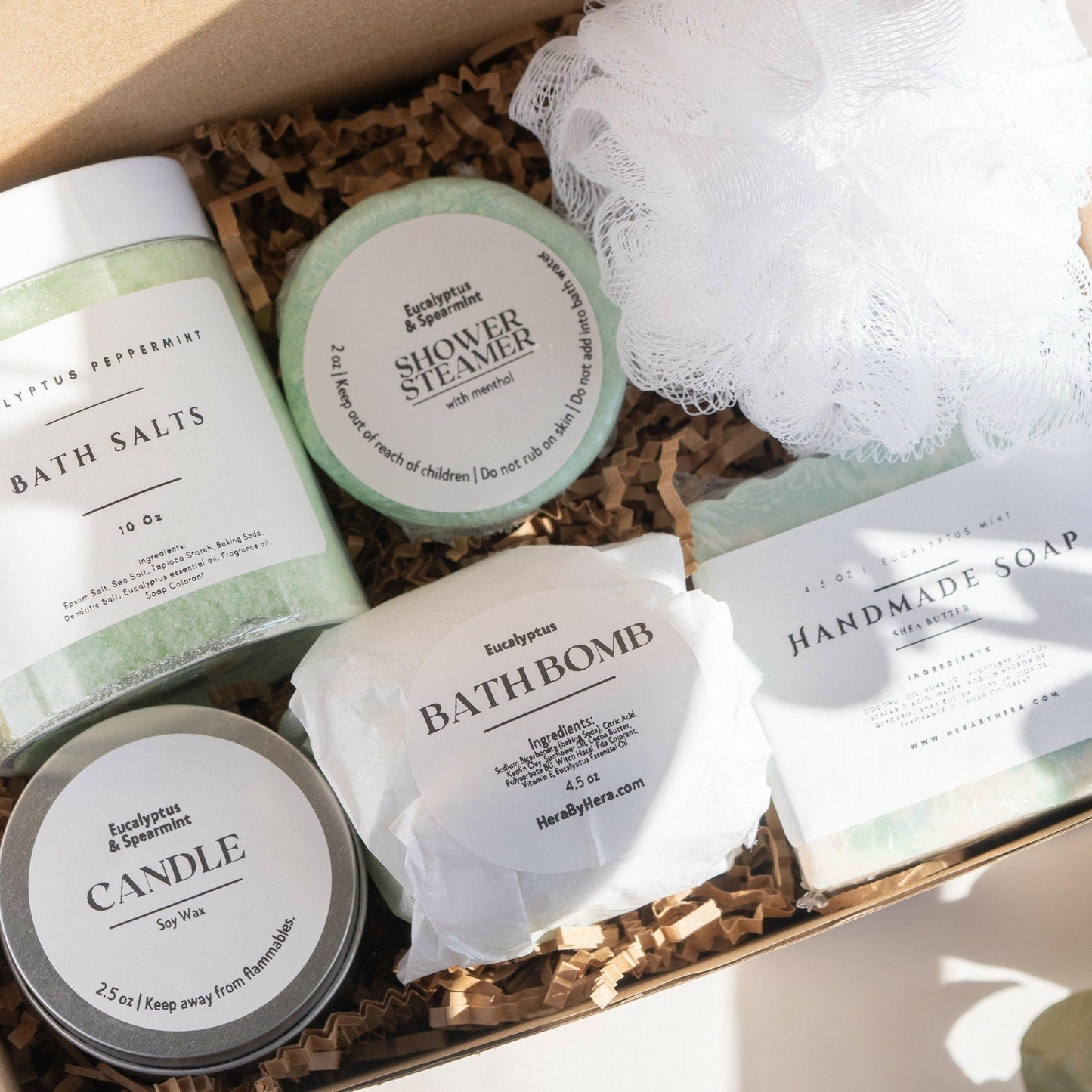 epsom salt bath eucalyptus for sore muscles Ritual Box with bath salts, bath bomb, shower steamer, goat milk soap, scented candle, and loofah.