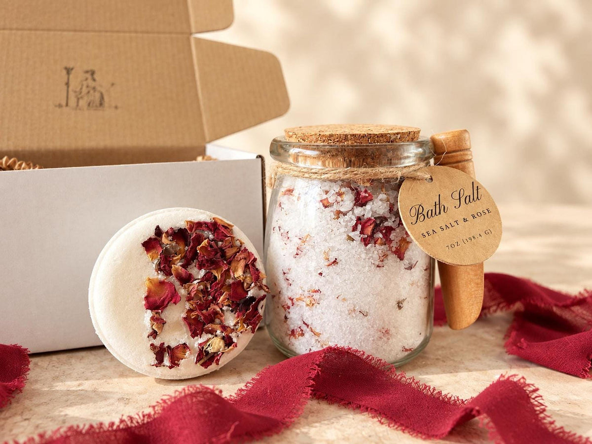 Rose Bath Set, Epsom And Sea Salt Soak and Bath Bomb
