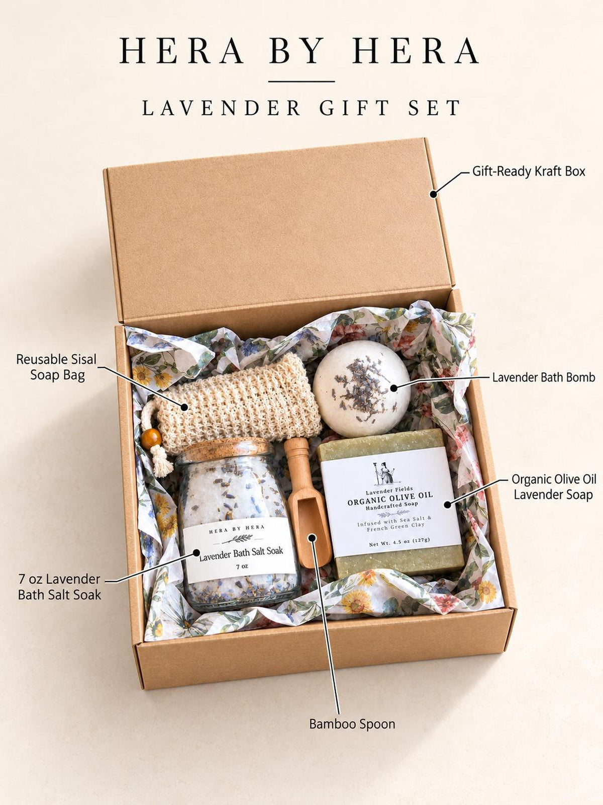 Lavender Spa Gift Set, Bath Salt And Olive Oil Soap In Kraft Box