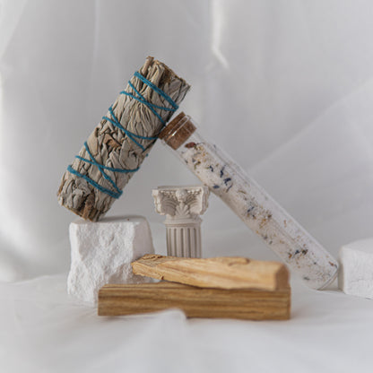 Divine Ritual Kit – Lavender Bath Salt Shot, Palo Santo, Sage & Long Matches.