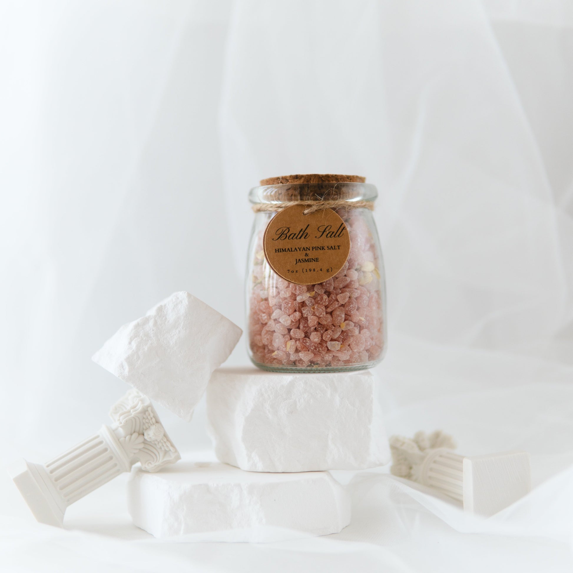 Botanical Bath Salt Soak in Glass Jar with Himalayan Pink Salt for Luxurious Bathing Experience.
