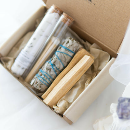 Divine Ritual Kit – Lavender Bath Salt Shot, Palo Santo, Sage & Long Matches.