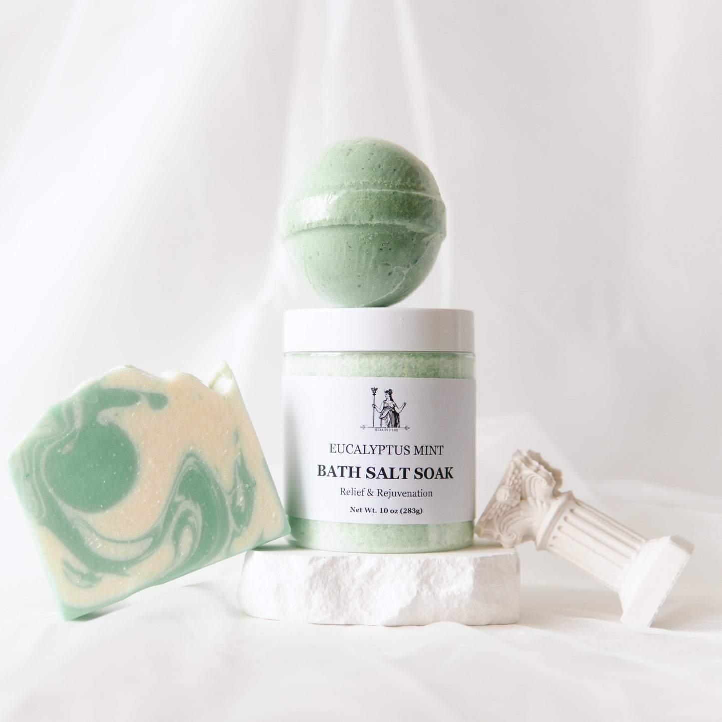 Eucalyptus Epsom Salt Bath Set with bath salts, bath bomb, and handmade soap.