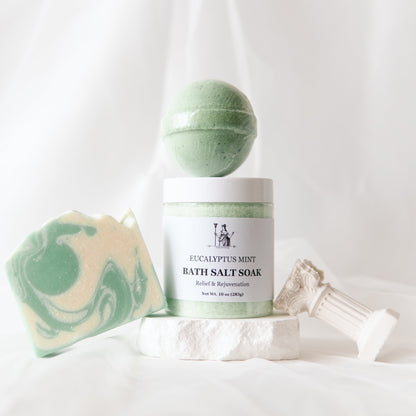 Eucalyptus Epsom Salt Bath Set with bath salts, bath bomb, and handmade soap.