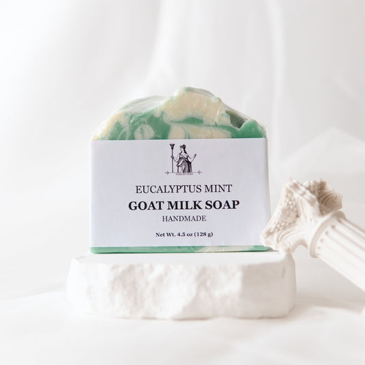 Goat Milk Eucalyptus Mint Soap on marble dish, soothing and refreshing cleanse.