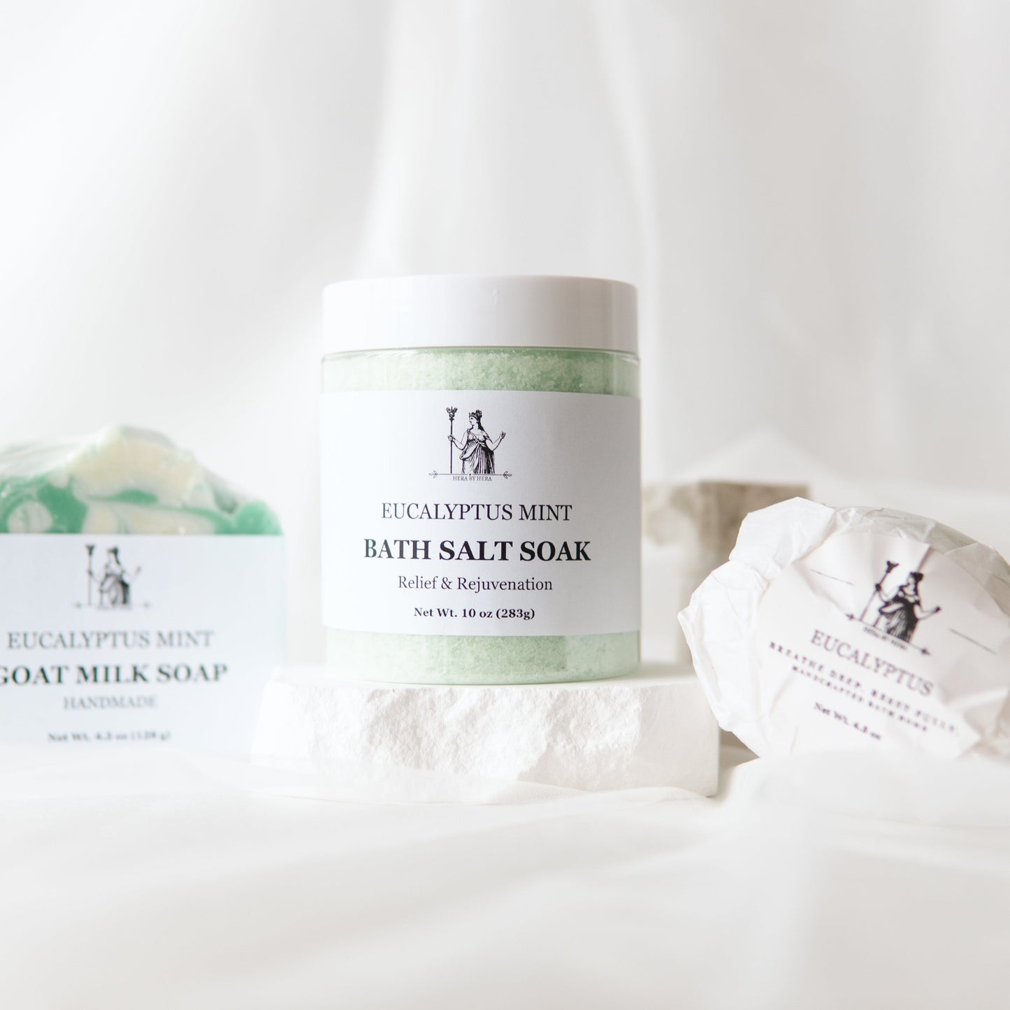 Eucalyptus Epsom salt bath set with bath salts, bath bomb, and goat milk soap for relaxation and rejuvenation.
