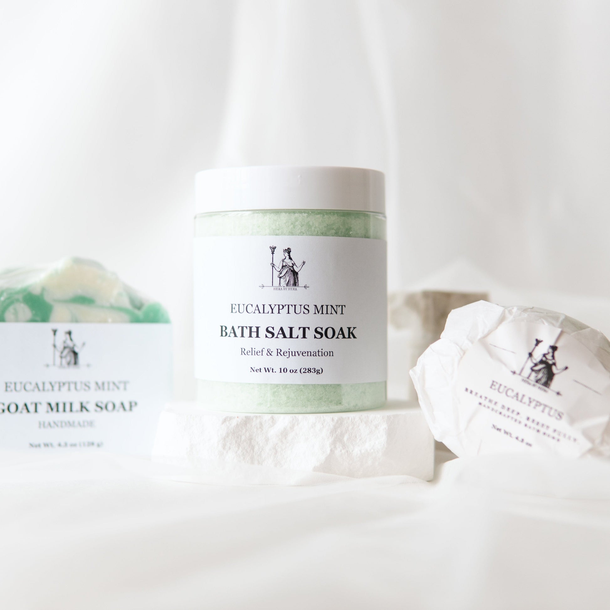 Eucalyptus Epsom salt bath set with bath salts, bath bomb, and goat milk soap for relaxation and rejuvenation.