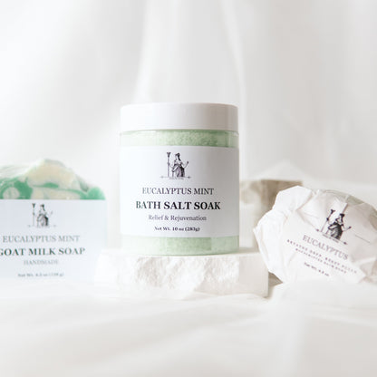 Eucalyptus Epsom salt bath set with bath salts, bath bomb, and goat milk soap for relaxation and rejuvenation.