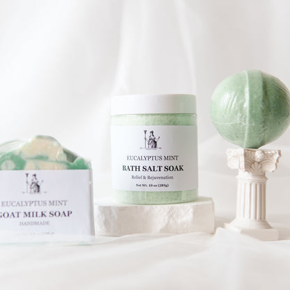 Eucalyptus Epsom Salt Bath Set with bath salts, bath bomb, and goat milk soap displayed.