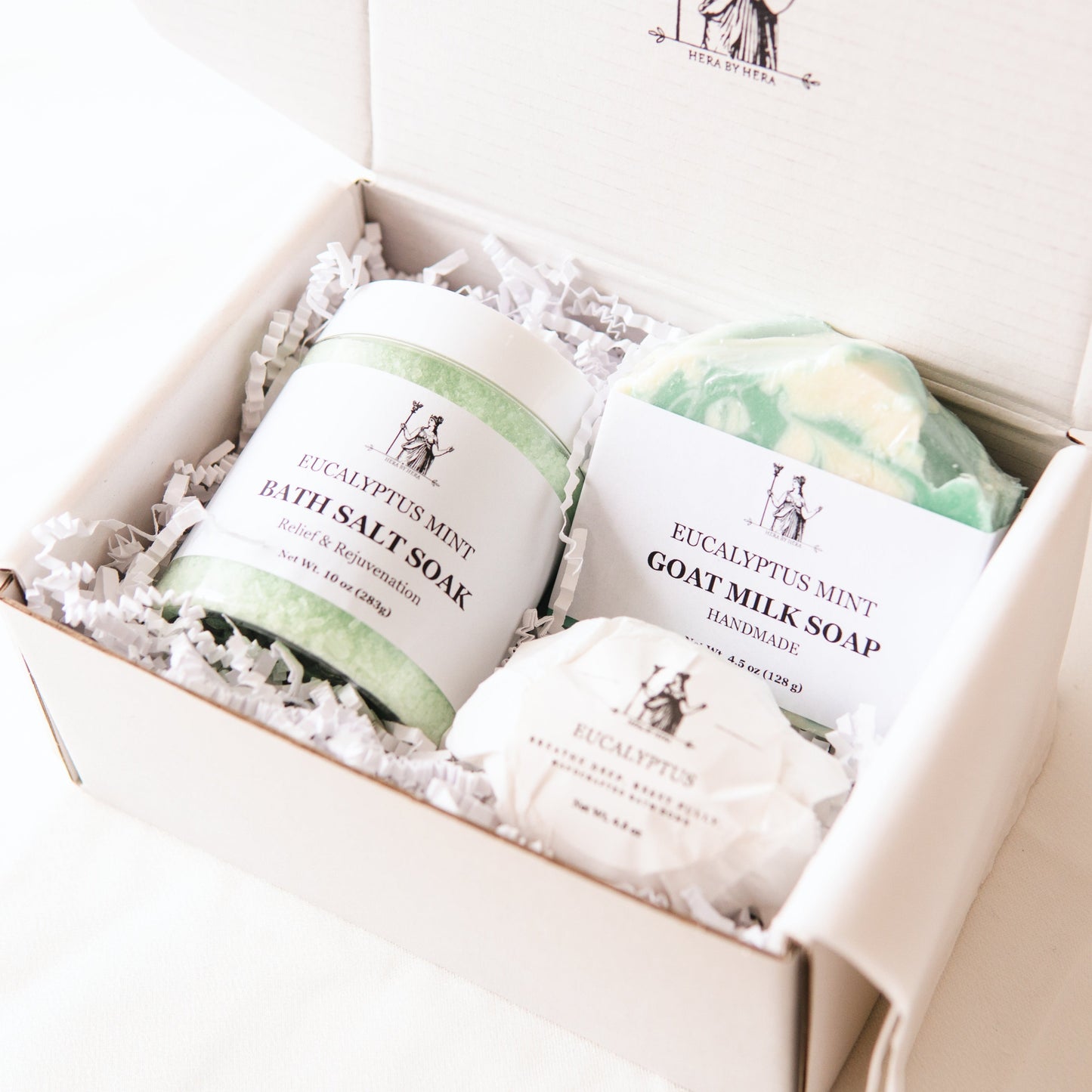 Eucalyptus Epsom Salt Bath Set with bath salts, eucalyptus bath bomb, and goat milk soap for relaxation.