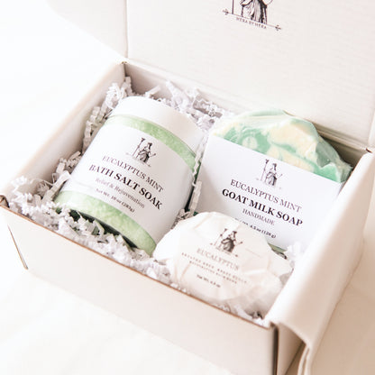 Eucalyptus Epsom Salt Bath Set with bath salts, eucalyptus bath bomb, and goat milk soap for relaxation.
