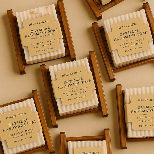 Oatmeal milk and honey soap gift set with bamboo tray, featuring handcrafted soap enriched with oats and gold flakes, displayed on a minimalist tray.