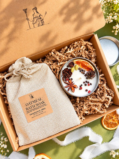 Cozy Bath Gift Set with Oatmeal Bath Soak & Candle | Relaxing Self Care Gift for Her
