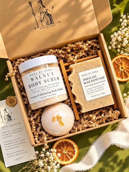Bath Gift Set with Walnut Body Scrub, Oatmeal Bomb, Soap and Tray