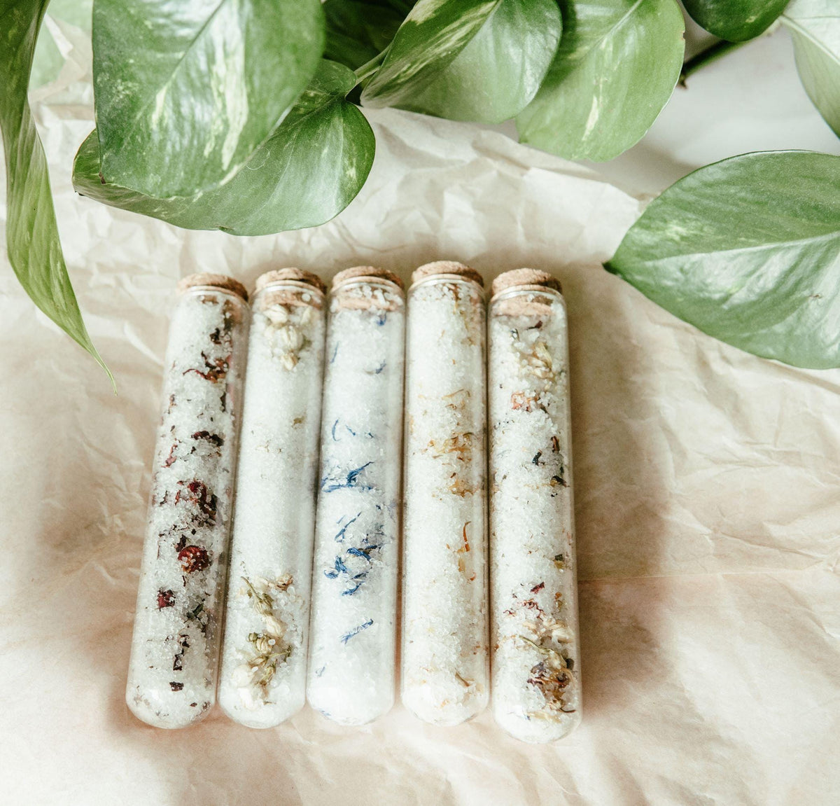 Bath Salt Tube, Glass Epsom Soak with Dried Flowers