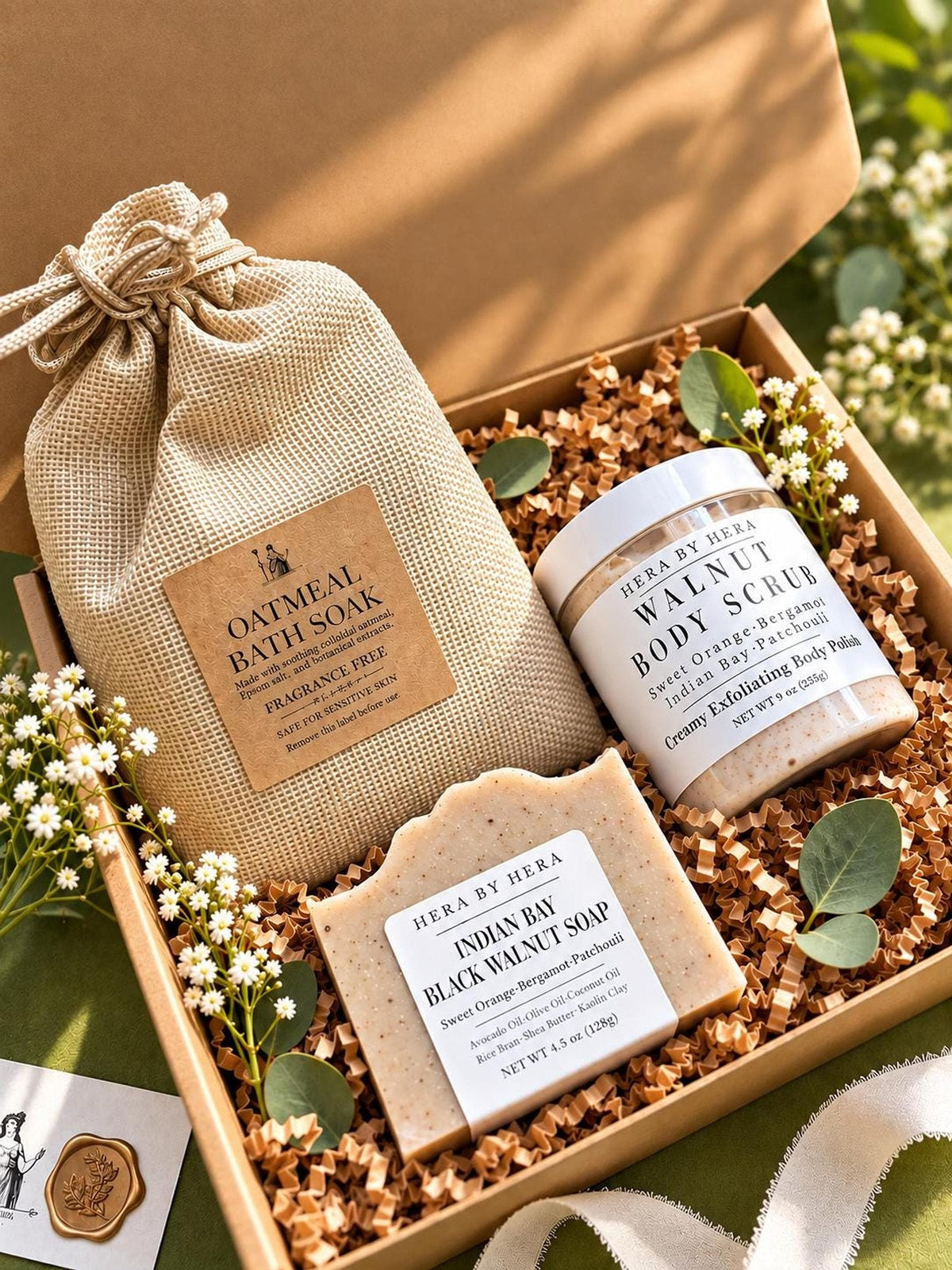 Bath And Body Gift Set, Oatmeal Soak, Walnut Scrub And Soap