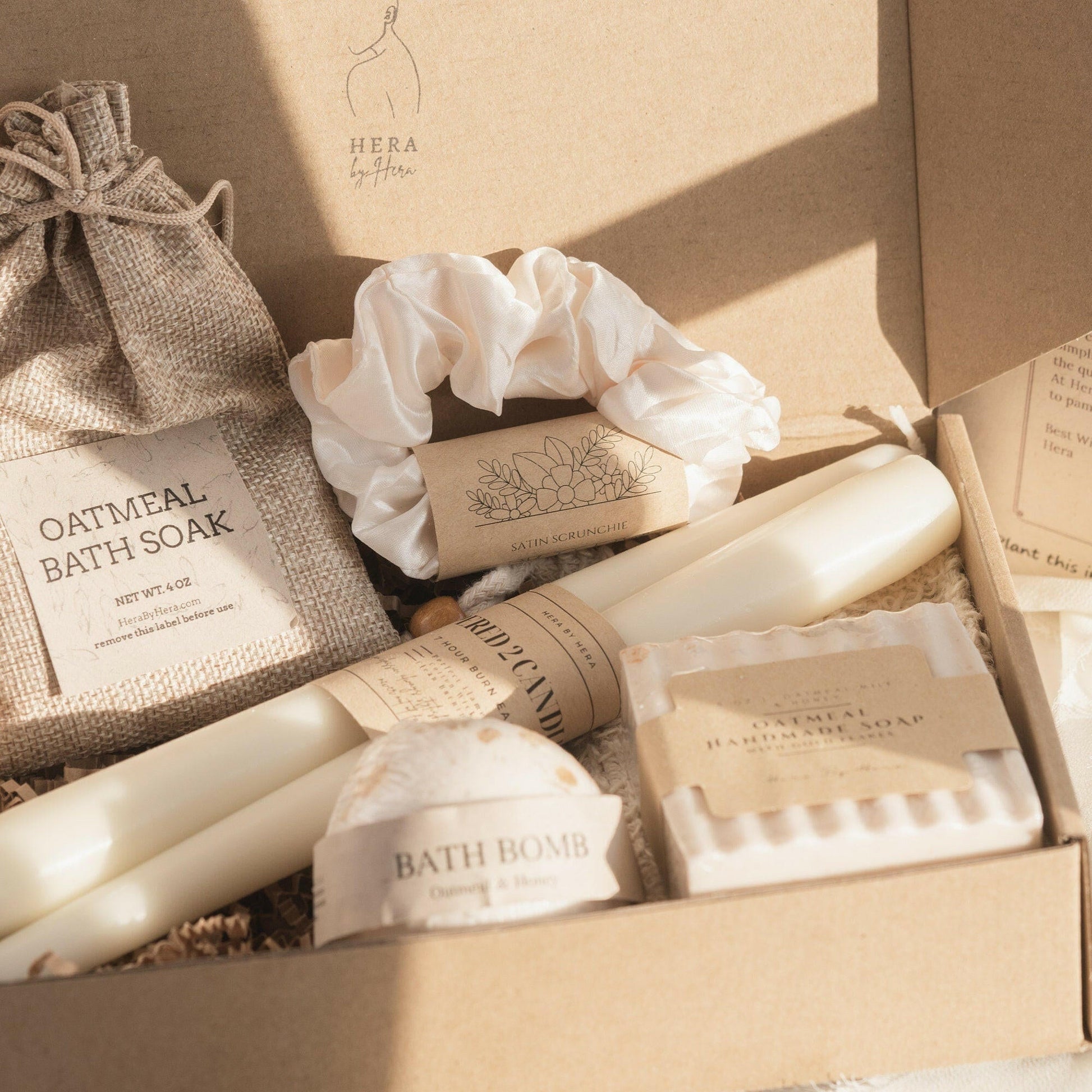 The Luxe Oatmeal Milk and Honey Bath Spa Box with bath bomb, soap, candles, and accessories for elevated self-care. Gift For Her