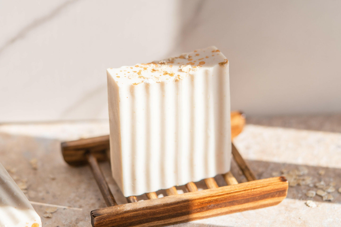 Soap gift set with oatmeal milk and honey soap on bamboo tray, ideal Christmas stocking stuffer for her.