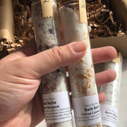 The Explorer Set - 4 Mini Bath Salt Soaks in Glass Tubes, Floral-Infused Luxury Epsom salt Bath.