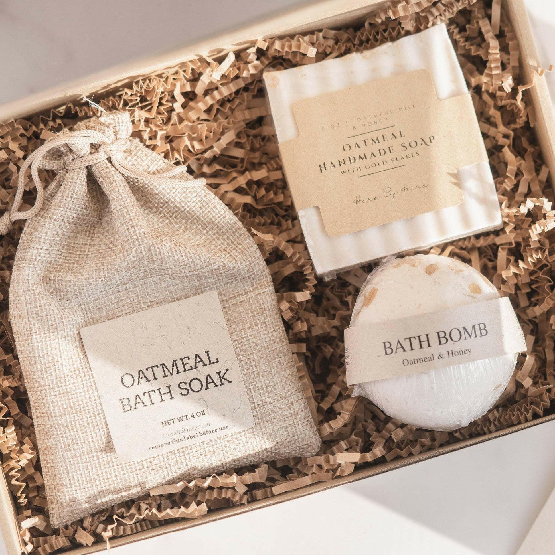 Oatmeal and Honey Spa Gift Set with bath soak, bath bomb, and handmade soap in a wood box.