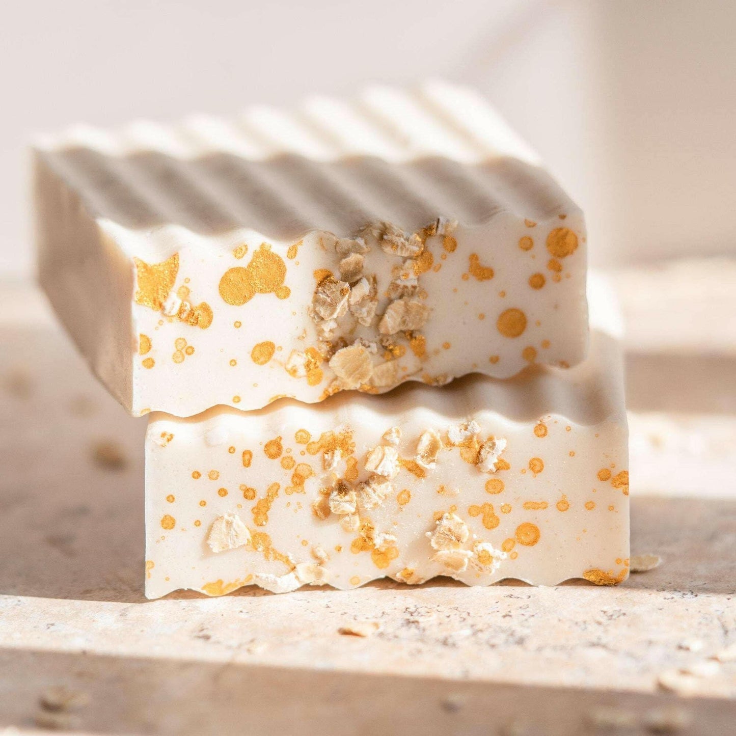Oatmeal Milk and Honey soap bars with gold flakes, highlighting natural textures and handcrafted design.  Gift For Her
