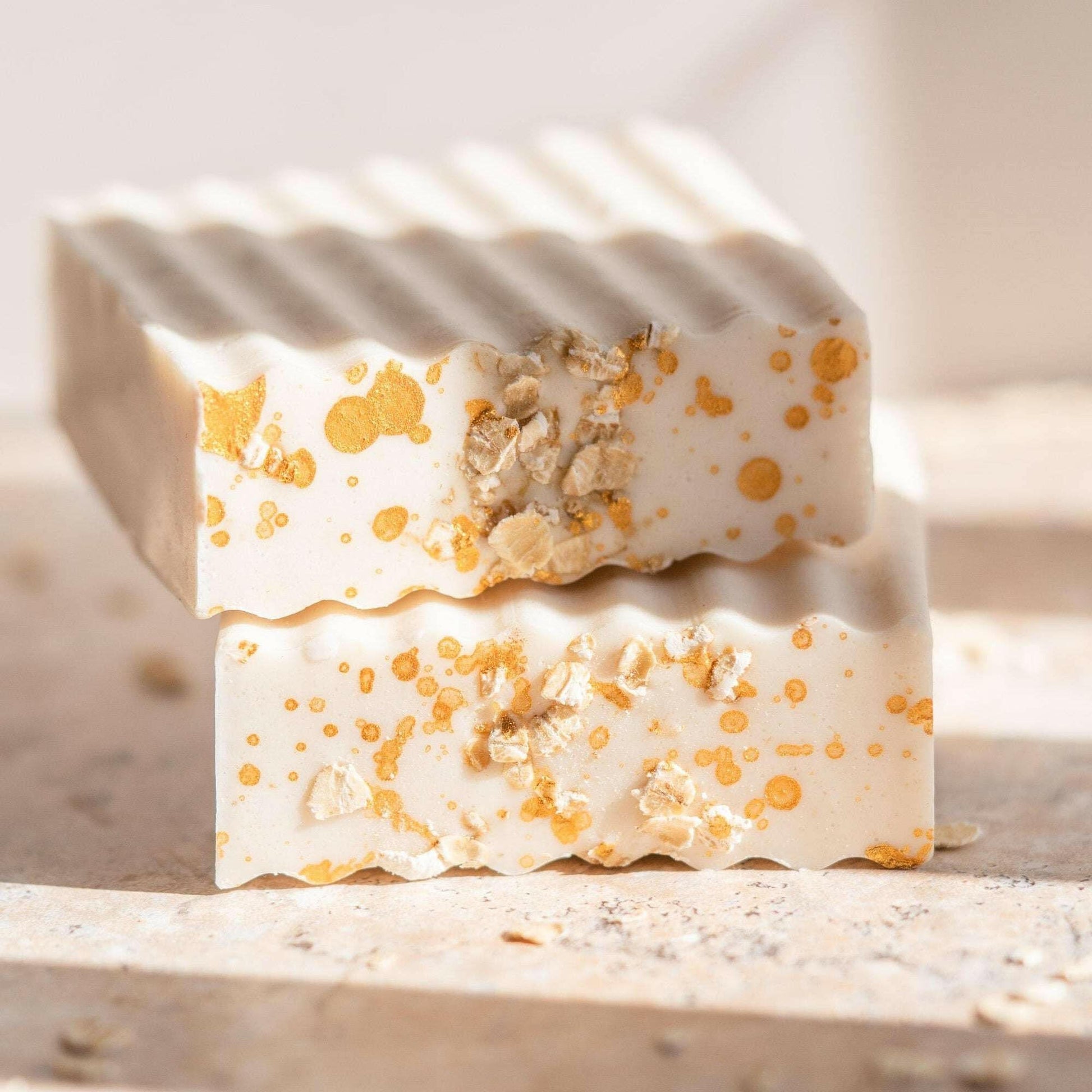 Oatmeal Milk and Honey soap bars with gold flakes, highlighting natural textures and handcrafted design.  Gift For Her