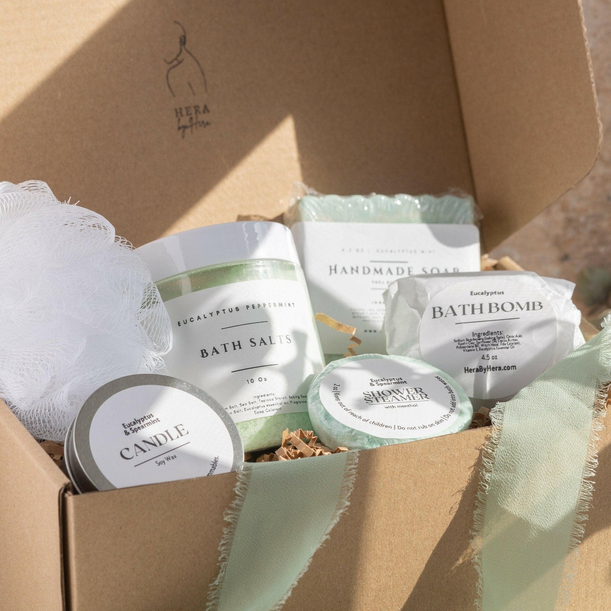 epsom salt bath eucalyptus for sore muscles Ritual Box with bath soak, bath bomb, shower steamer, goat milk soap, scented candle, and loofah. Ultimate self-care experience.