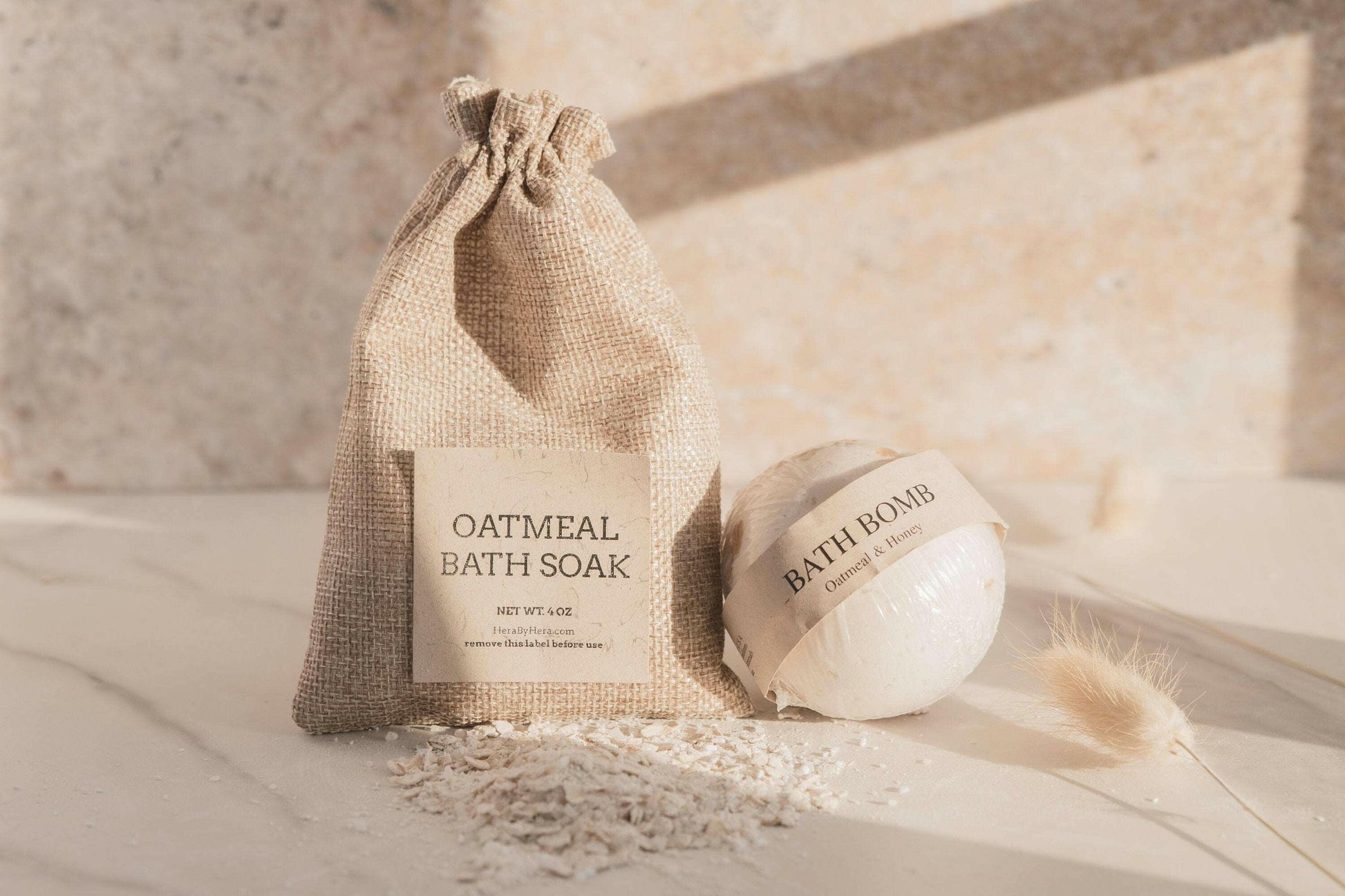 Oatmeal bath soak set with bath bomb, self-care gift box for relaxation and skin care.