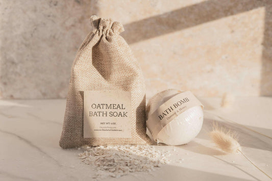 Oatmeal bath soak set with bath bomb, self-care gift box for relaxation and skin care.