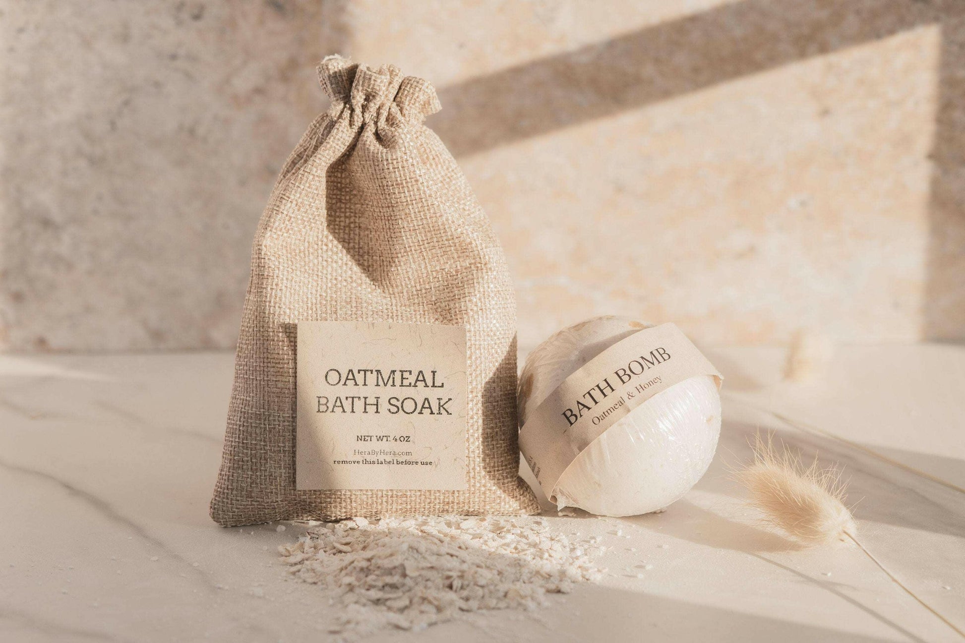 Oatmeal bath soak and bath bomb set on a marble surface, perfect holiday gift.