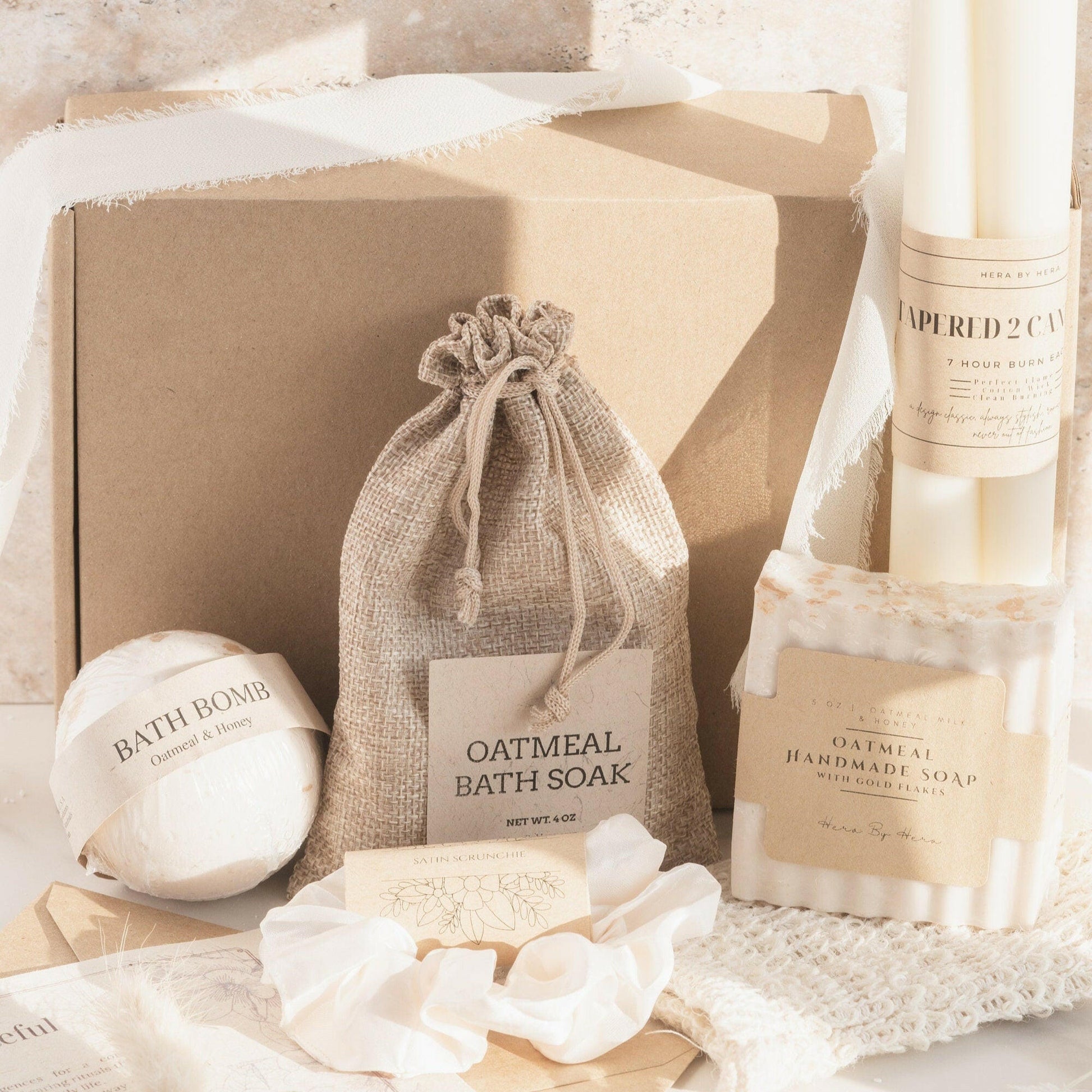The Luxe Oatmeal Milk and Honey Bath Spa Box with bath bomb, soap, candles, and accessories for elevated self-care. Gift For Her