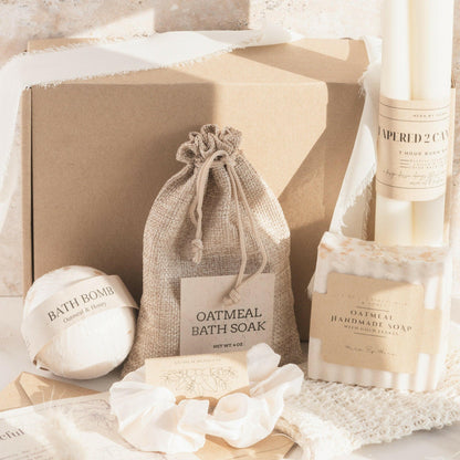 The Luxe Oatmeal Milk and Honey Bath Spa Box with bath bomb, soap, candles, and accessories for elevated self-care. Gift For Her
