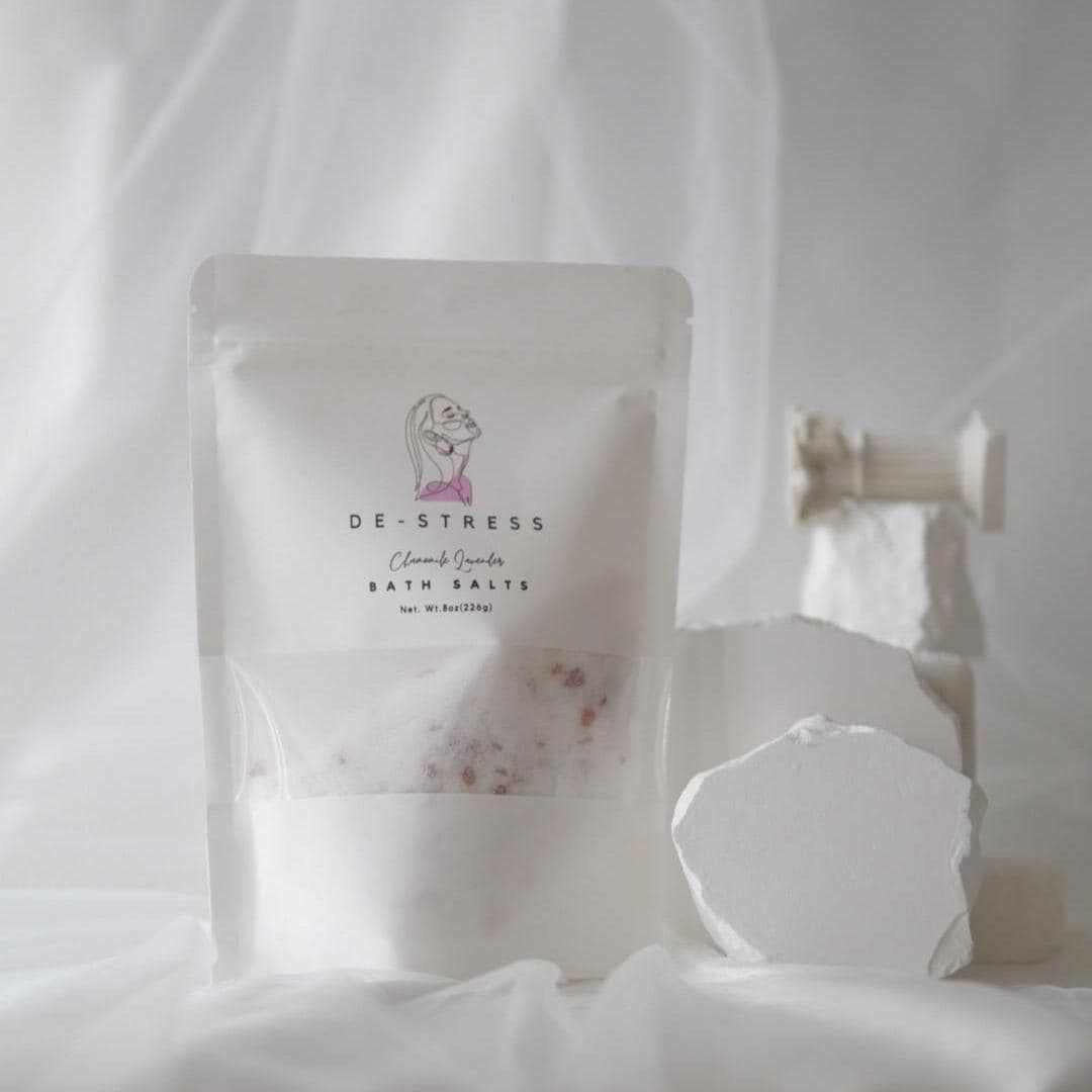 Soothing Bath Soak with Chamomile Lavender in a resealable pouch.